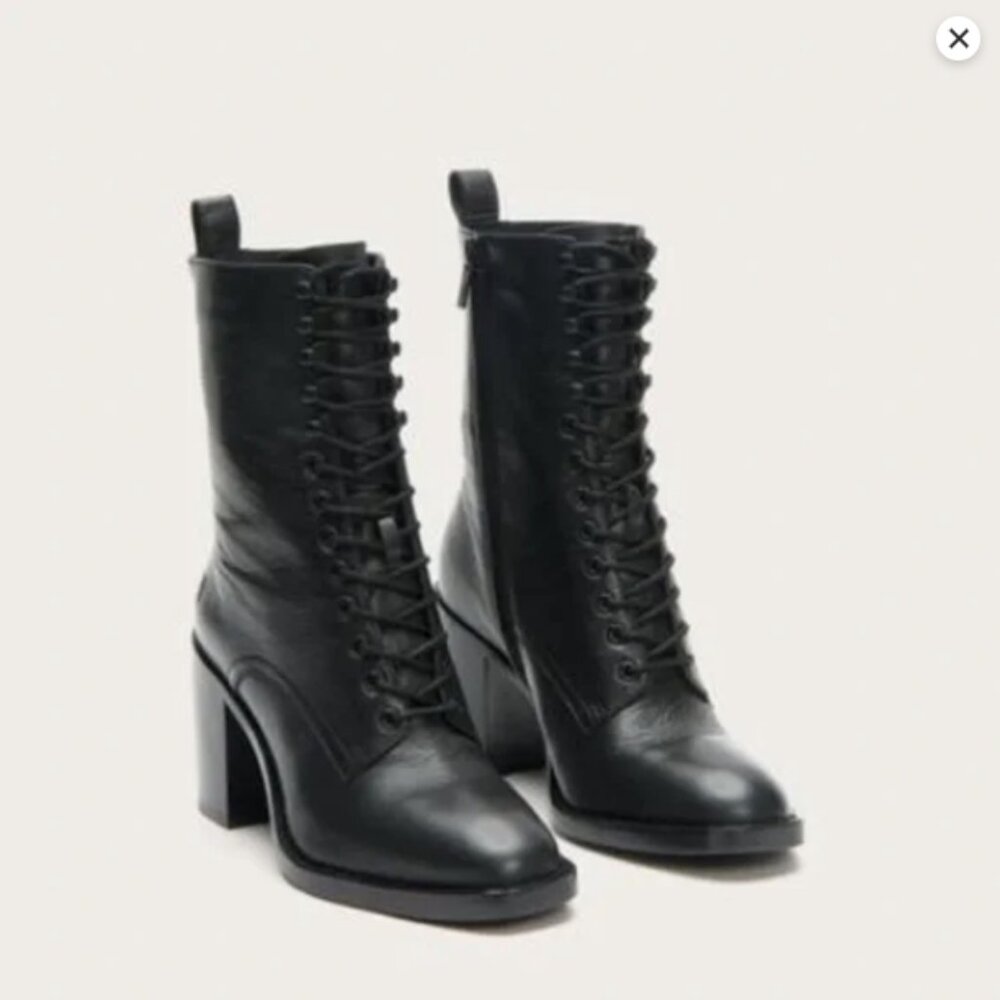 $399 Frye Pia Black Leather Combat Lace Up Moto Goth Block Heel Ankle Bootie - Picture 2 of 15